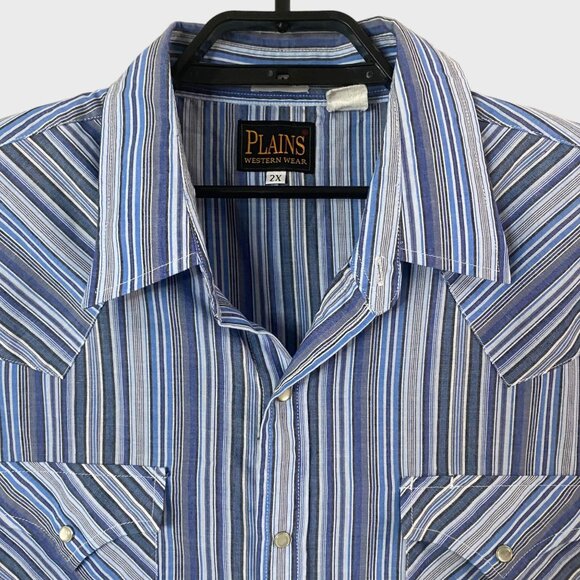Vintage Plains Western Snap Button Short-Sleeve Shirt Men's 2X Blue Multi-Stripe - Picture 5 of 10
